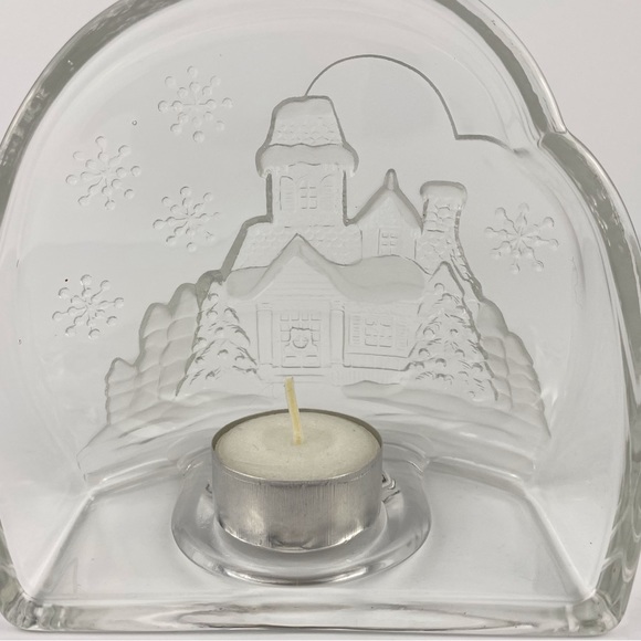 Luminarc etched glass candle holder, vintage 1991 Welcome Home winter scene - Picture 4 of 8